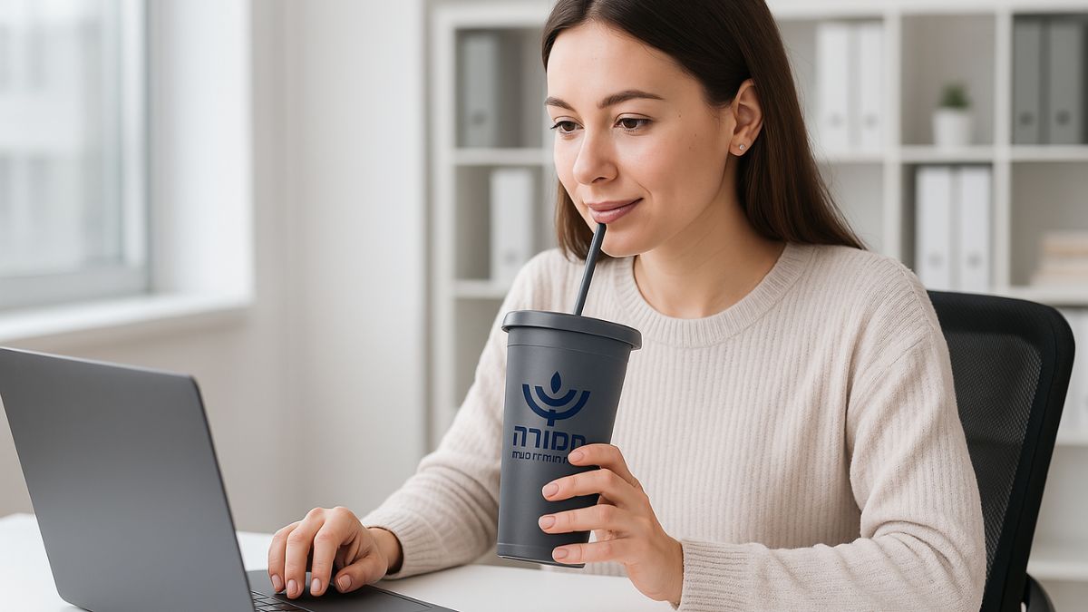 כוס עם קש ממותגת לשימוש במשרד